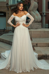 Beautiful White A-Line Off-The-Shoulder Long Sleeves Chiffon Ruffles Simple Wedding Dresses